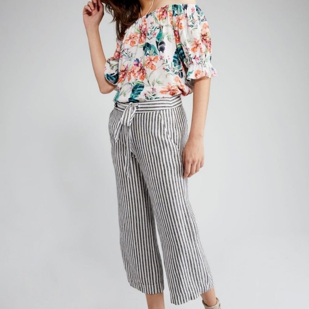 🔺️Anthropologie Sanctuary Cream Stripe Belted Linen Sasha Crop Pants Size 0